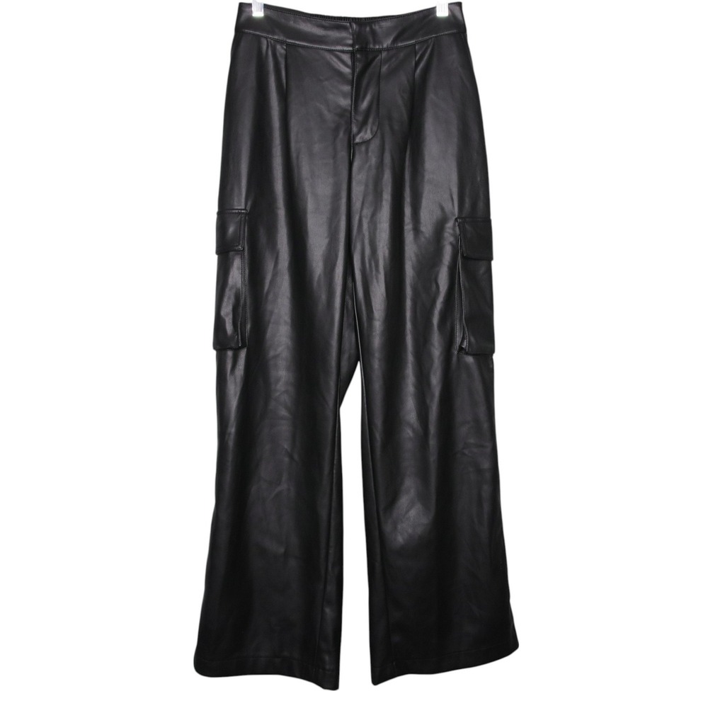 Vintage Urban Outfitters Size XS Black Faux Leather Cargo Pants Wide Leg Y2K